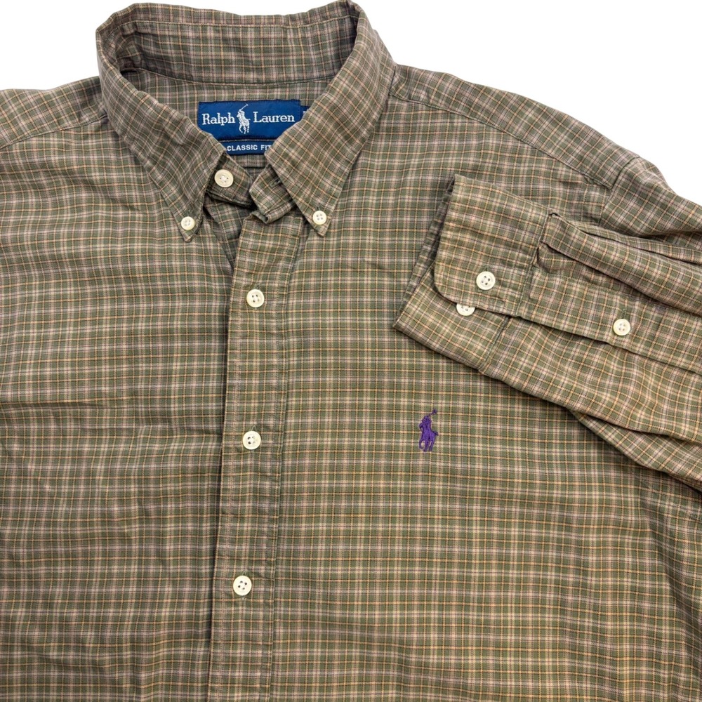 Ralph Lauren Mens Classic Fit Plaid Button Down Shirt Olive Green Tan 16 L Long